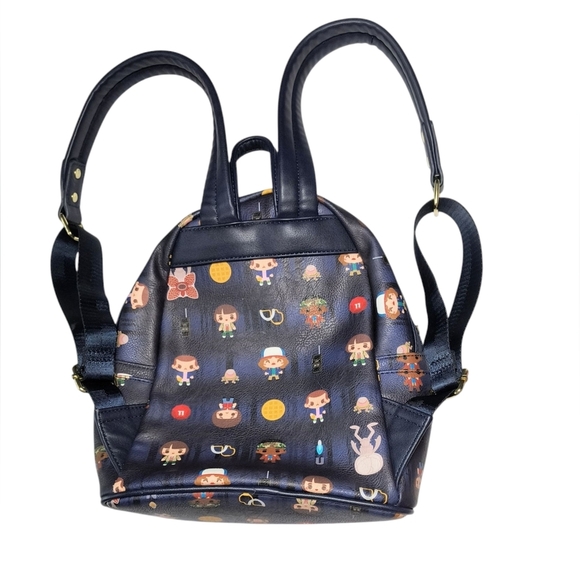 Loungefly Navy Blue and Gold Stranger Things Cartoon Characters Backpack - Picture 3 of 8
